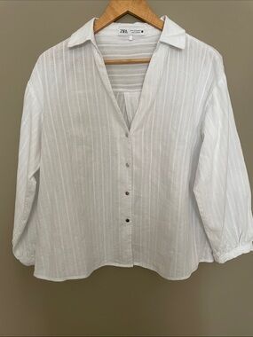 Zara White Cotton eyelet Button-Down Shirt